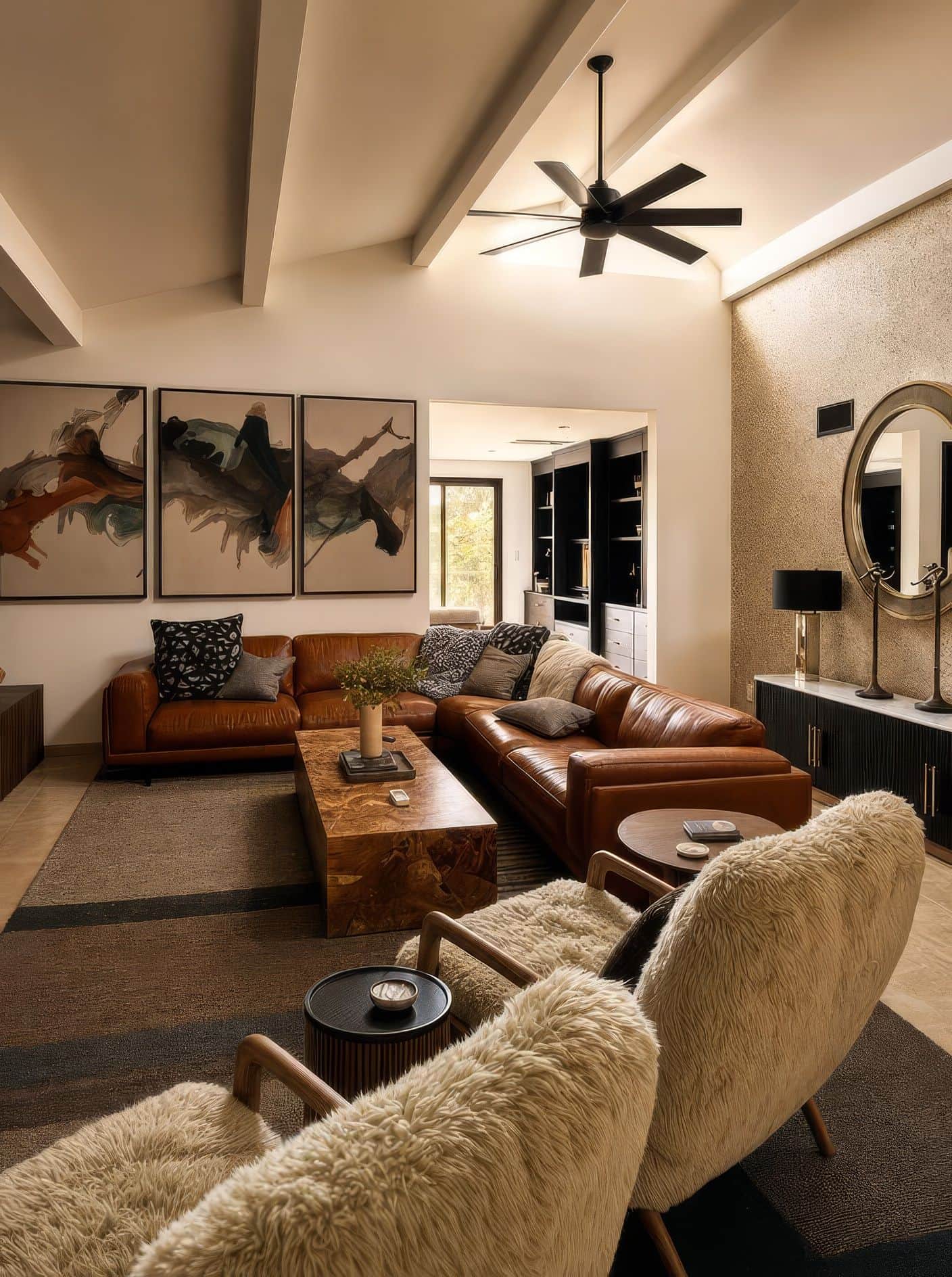 Warm, light-filled living room designed by Palm and Mountain