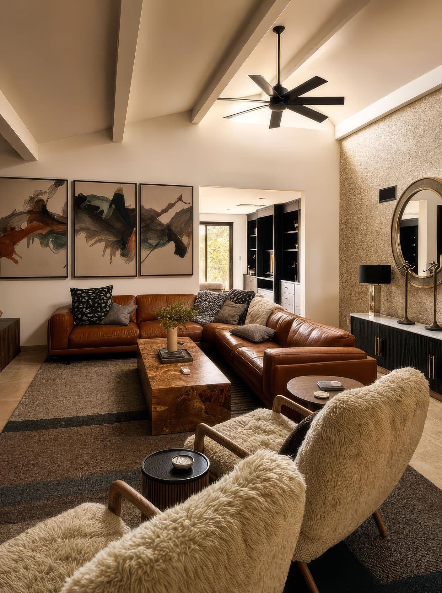 Warm, light-filled living room designed by Palm and Mountain