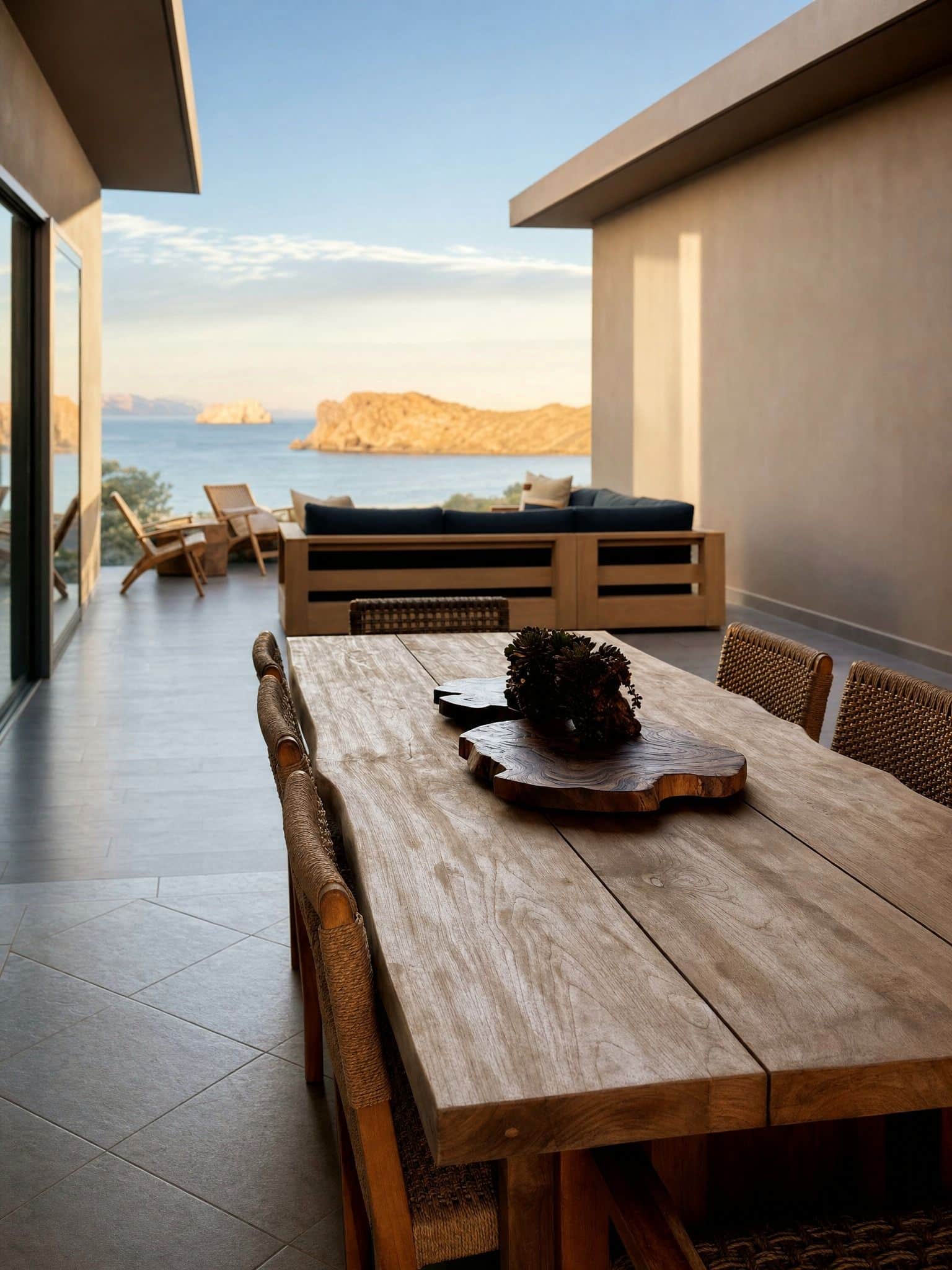 Ocean-view terrace dining at the Loreto, Mexico project by Palm and Mountain